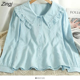 Lace Lapel White Shirt Cute Peter Pan Collar Green Blouses Women Vintage Elegant Office Long Sleeve Blusas Female