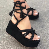 Summer New Large-Size Thick-Sled Strap Sandals Toe Round-Headed Rope Strap Fashion