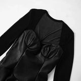 Black Long Sleeve Mesh PU Leather Mini Dress- Outfit