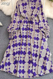 Vintage Women Printed Dress Female Elegant Stand Collar Lantern Long Sleeve High Waist A-Line Midi Vestidos New