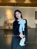 Xixi 2025 Autumn White Standard Korean Version Of Elegant Temperament Solid Color Tie With Thin Knitted Shirt Top Women