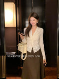 Xixi 2025 Winter New Temperament Lace V-Word Collar Knot Tie Shirt Fashion Women