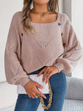 2025 Casual Square Collar Button Solid Color Hollow Lantern Sleeve Sweater Temu Women's