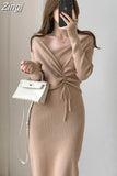 Vintage Korean One-Piece Sweater Maxi Dresses for Women Draw String Bodycon Slim Knitted Lady Woman Dress Autumn