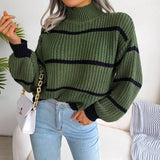 Shooting 2025 Autumn And Winter Casual Striped Lantern Sleeve Half-High Collar Knitted Sweater Women's