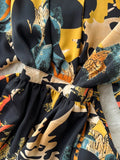 Women Vintage Printed Dress Elegant V-Neck Puff Sleeve High Waist A-Line Midi Robe Female Vacation Beach Vestidos