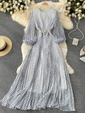 Women White/Black/Brown Polka Dot Long Dress Vintage Round Neck Puff Sleeve Elegant A-Line Maxi Vestidos Female 2023