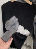 Zingj 2024 New, Tie-Dye Stitching Long-Sleeved T-Shirt Round Collar Slim Color Bright Line Design Short Top
