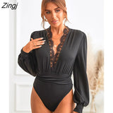 PETAL Plunge Neck Lace Bodysuit For Woman Solid Black Sexy Long Sleeve Bodysuit Jumpsuits 2023 Female Spring Autumn