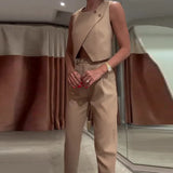 Zingj Summer New Solid Color Round Collar Button Top Temperament Straight Pants Suit Women-Outfit