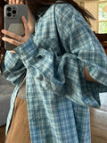 Long-Sleeved Lake Blue Plaid Shirt For Women's Summer New Retro Loose Niche Lazy Sunscreen