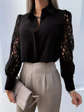 Sexy Lace Hollow Out Women Blouse 2023 Spring Black Vintage Button Up Shirts Top Long Sleeve Mesh Design Tops Femme