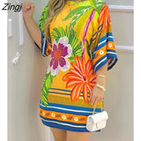 Summer Women's Mini Tropical Print Half Sleeve Casual Dress Round Neck
