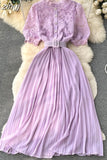Women Hollow Out Lace Patchwork Pleated Long Dress Elegant Embroidery Short Puff Sleeve Single Breasted Maxi Vestidos
