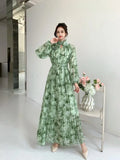 Light Luxury Temperament Dress Female High-End Feel Strapped Waist Three-Dimensional Flower Lantern Sleeve Print