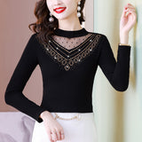 Photo # Autumn / Winter Long Sleeve And Velvet Top Women's High-End T-Shirt With A Versatile Lace Bottom