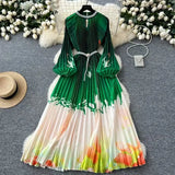 Elegant Dress Women Fashion Nail Ball Collar Hollow Pressure Folding Lantern Sleeves To Print Long