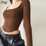 Women's Spring Autumn Skinny Basic Crop Tops Solid Color Long Sleeve Square Collar Slim Fit Pullover