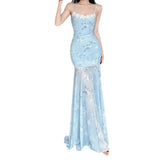 Chinese Chinese Light Green Shoulder Butterfly Print Fishtail Sling Skirt Sexy Hip Through Mesh