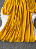 Women Slash Neck Long Sleeve Midi Dress Female Yellow/Red/Pink High Waist Ruffle Big Swing Chiffon Robe Fashion 2023
