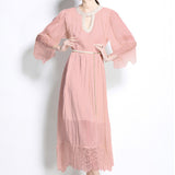 Luxury Famous Dress Women Spring Diamond Seven-Sleeve Mesh Splicing Design Chic Temperament