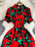 Vintage Women Printed Long Dress Elegant Turn-Down Collar Single Breasted Short Sleeve High Waist A-Line Maxi Vestido