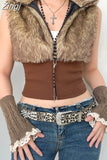 Grunge Vintage Brown Turtleneck Fur Vest Jacket Y2K Sleeveless Autumn Winter Coat Furry Sexy Short Overcoat