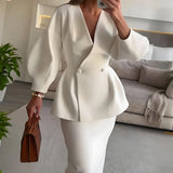 Women's Fashion Fashion Solid Color Button Bubble Sleeve Skirt Dress Set In Autumn