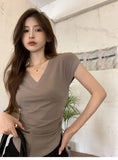 Zingj Arc Hem Solid Color Top 2024 Summer New Casual V Collar Waist Show Thin Flying Sleeve T-Shirt