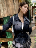 Style Personality Hottie Work Clothes Imitation Denim Shirt V-Word Collar Three Buckle Cardigan Casual