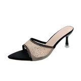 Temperament Cool Slippers Women's Summer Wear A New Fine Heel Mesh Hot Diamond Pointy Fish Mouth Exposed High