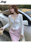 Hat Hoodies Women Korean Style Solid Zip-up Ladies All-match Slim Classic Popular Design Stylish Streetwear Sexy Hooded