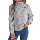 2025 Casual Solid Color Button Stung High-Collar Lantern Sleeve Sweater Women's