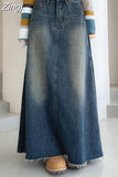 Vintage Harajuku Burr Distressed Low Waist Denim Skirt Women Loose Korean Washed Casual Long Skirts Outfits
