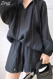 Two Piece Set Fashion Korea New Summer Long Sleeve Sunscreen Blouse Women + Ladies Womens Casual Loose Black Shirt Shorts