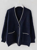 Temperament V-Neck Long-Sleeved Open-Shirted Women's Sweater Bump-Colored Bag Side With Pocket Casual
