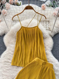 Women Pleated Set Sexy Spaghetti Strap Camis Tops + High Waist Wide Leg Loose Pants Casual Red/Yellow/Brown Suits