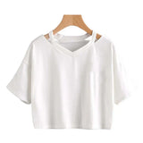 Zingj Wind Open Shoulder Hollow Out Sexy Solid Color T-Shirt V Collar Women's Short-Sleeved Loose Female