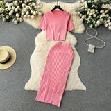 Zingj Hot Girl Suit Female Summer Korean Version Round Collar Knit Short Sleeve Short Jacket High Purse Hip Skirt Two