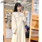 Sleeve Midi Dress Women Classic Peter Pan Collar Schoolgirls Lovely White Harajuku Korean Style New Arrivals Spring