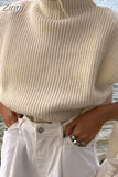 Women Fashion Solid Cropped Knitted Sweater Vest Turtleneck Sleeveless Pullover Solid Chic Tops