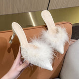 Large-Size Slippers Fine And Hairy Tips High-Heered Slippers Women Wearing High-Grade Cool Drag And