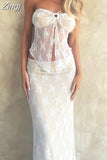2pcs Set Women Lace Bustiers Strapless Off Shoulder Tube Tops Party Club Mesh See Through Tank Low Waist Long