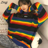 Women Winter Loose Crewneck Rainbow Striped Sweater Ulzzang Chic Hot Selling Knitwear Jumper New Sweet Girl Trendy