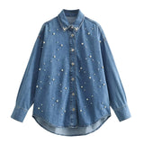 Women's Clothing New Long-Sleeved Loosely Ordered Beaded Denim Shirt