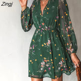 PETAL Black Floral Chiffon A-Line Mini Dress Woman Sexy V-neck Long Sleeve Party Dress 2023 Spring Autumn Female