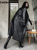 Spring Autumn Long Black Soft Pu Leather Trench Coat for Women Belt Double Breasted Cool Handsome European Fashion