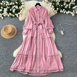 High-End Retro Collar Single Buckle Lantern Sleeve Dress Women's Hollow Lace To Receive Long Waist