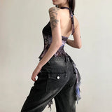 Zingj 2024 New Women's Half High Collar Flounce Sleeveless Print Mesh Slim Small Vest-Outfit