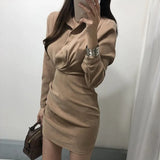 Korean Chic Turn Down Collar Single Breast Tie vintage Dress High Waist Hip Pleat Bodycon Vestidos Solid Temperament